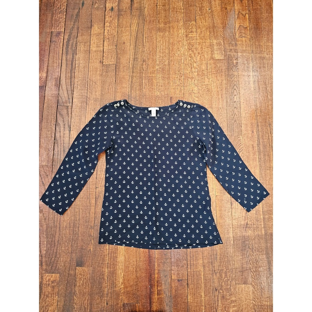 J.Crew Navy Ancor Print 100% Silk 3/4 Sleeve Lightweight Cottagecore Blouse sz00 - Picture 2 of 7